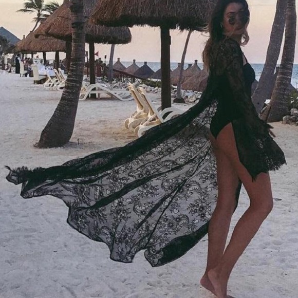 LONG SLEEVE LACE MAXI KIMONO COVERUP CARDIGAN BLK - Picture 3 of 9